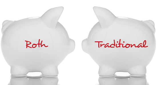 Piggy banks with "Roth" and "Traditional" written on them.