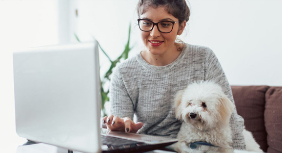 Using laptop while holding puppy