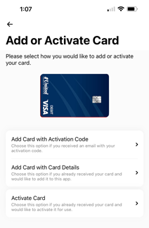 activate card menu screen