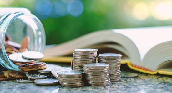 Stack on coins and a school book